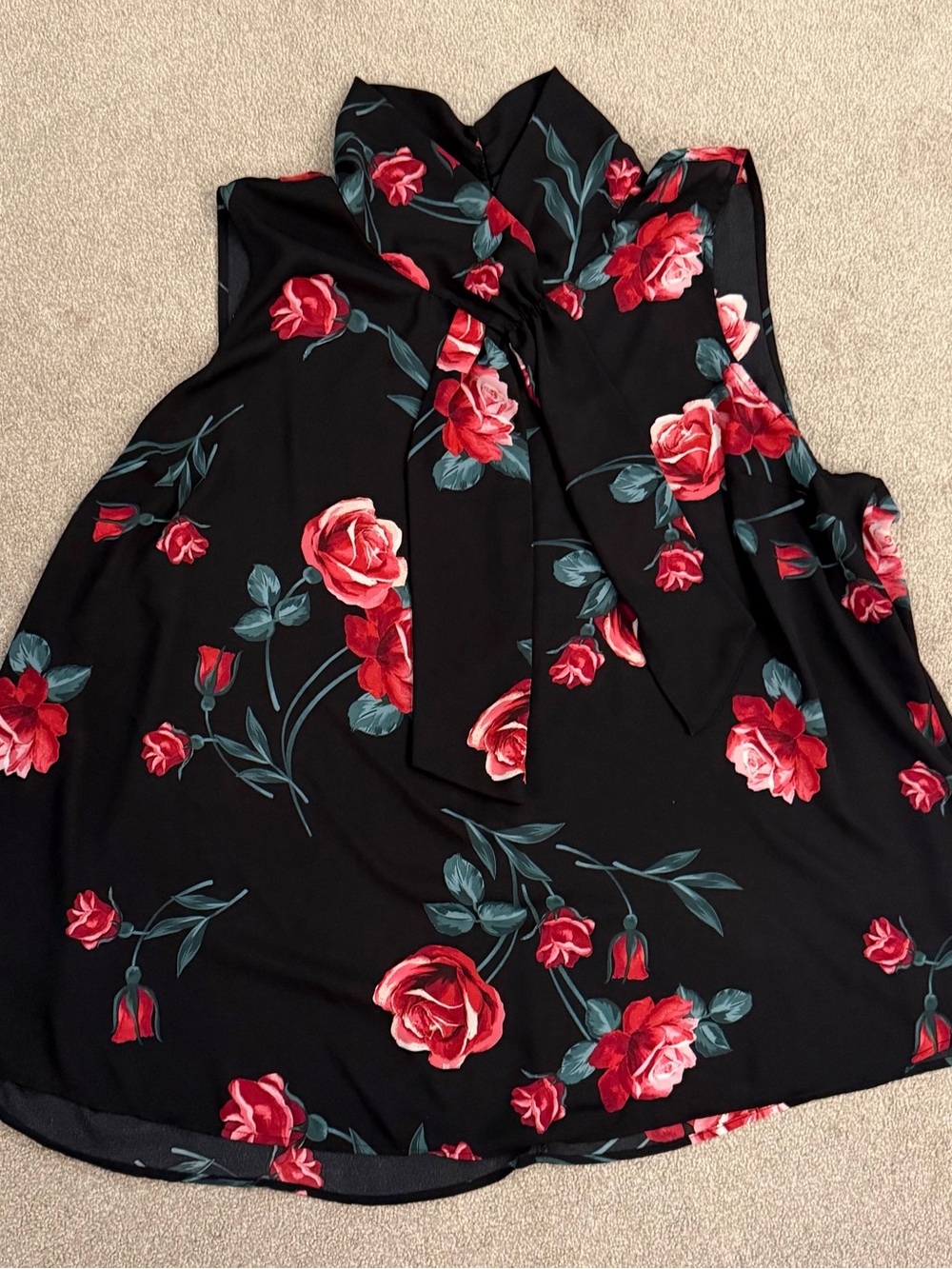Floral Sleeveless High-Neck with Tie Blouse - Black with Red Roses
